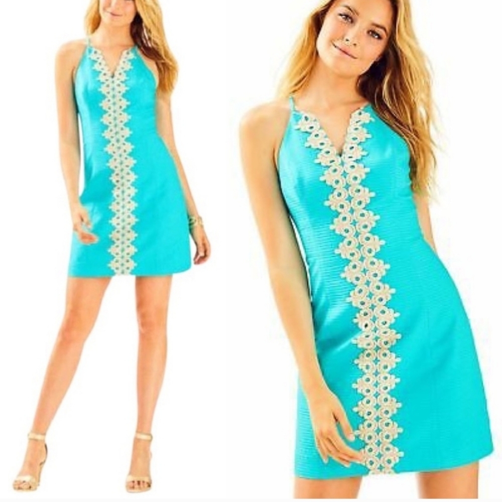 Lilly Pulitzer Turquoise Mini Dress with Cream Lace Trim